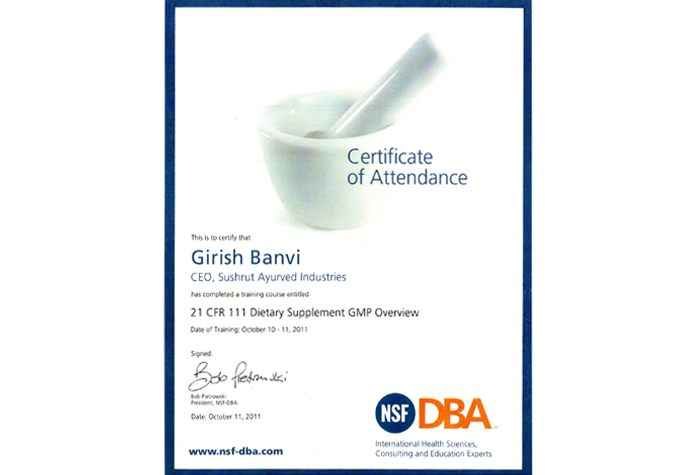 Dietary Supplement GMP Recognition for Girish Banvi